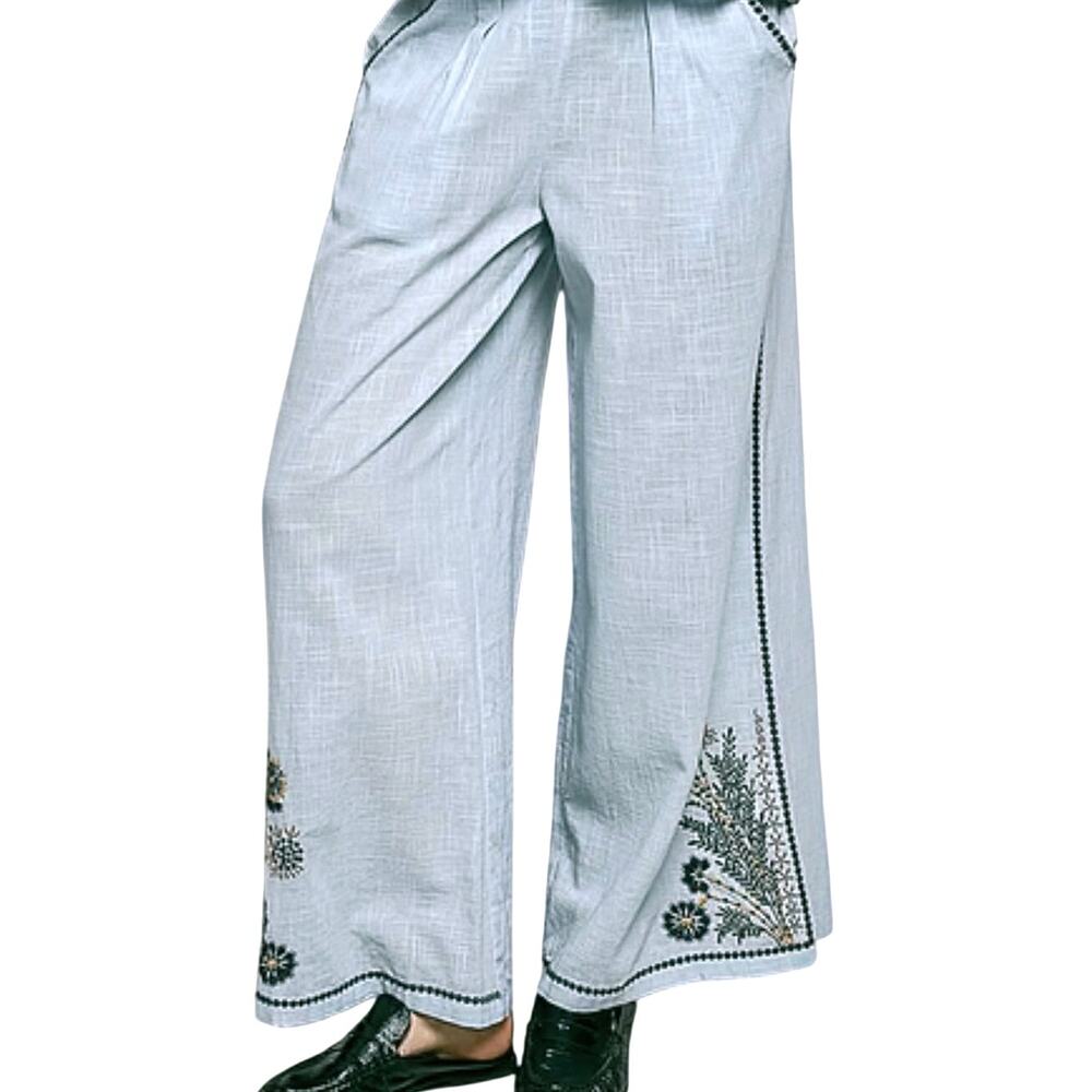NWOT POL Women’s Boho Light Blue Embroidered Wide Leg Pant